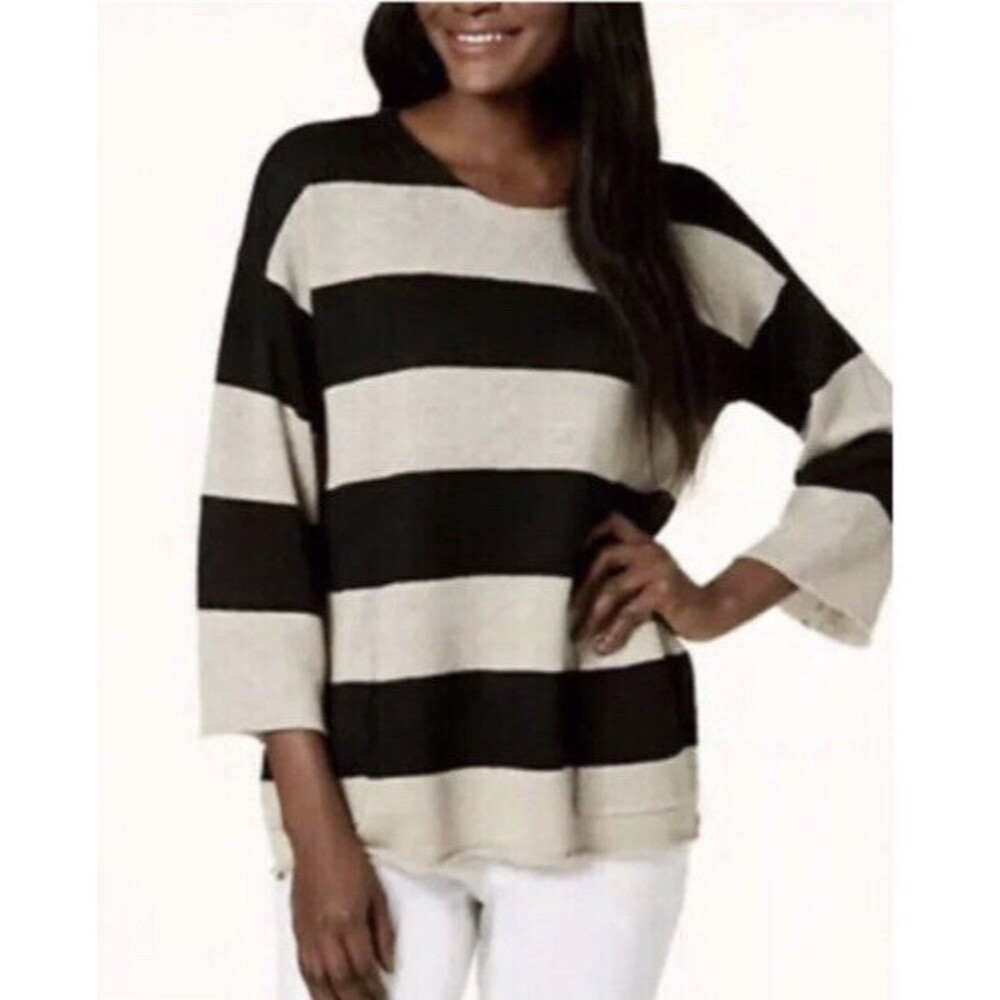 Eileen Fisher Organic Linen Striped Knit Top Size XS Boxy Oversized Sweater